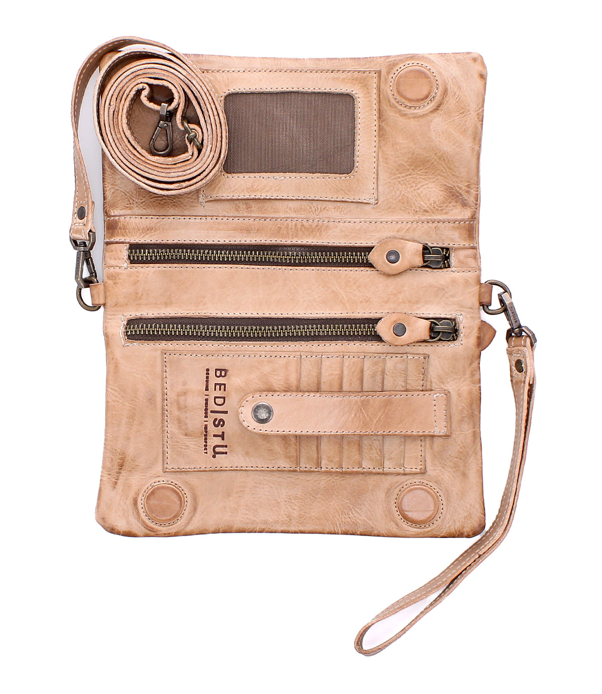 Introducing the Cadence by Bed|Stü—a light brown crossbody clutch made from premium vegetable-tanned leather, featuring a detachable strap, dual front zippered pockets, convenient card slots, and a clear ID window for effortless organization.