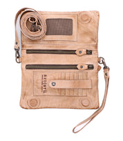 Introducing the Cadence by Bed|Stü—a light brown crossbody clutch made from premium vegetable-tanned leather, featuring a detachable strap, dual front zippered pockets, convenient card slots, and a clear ID window for effortless organization.