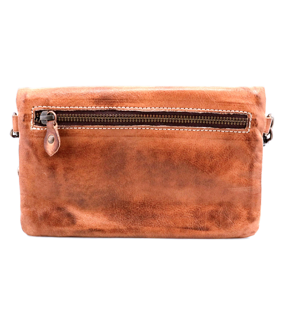 The Cadence by Bed|Stü is a brown leather crossbody clutch featuring a visible front zipper pocket, shown against a plain white background.