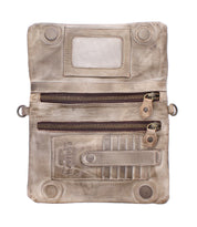Introducing the Cadence by Bed|Stü: an open beige crossbody clutch crafted from vegetable-tanned leather, featuring two zippered pockets, card slots, a snap closure strap, an ID window, and elegant embossed text—this versatile 3-in-1 leather wallet seamlessly blends functionality with timeless style.