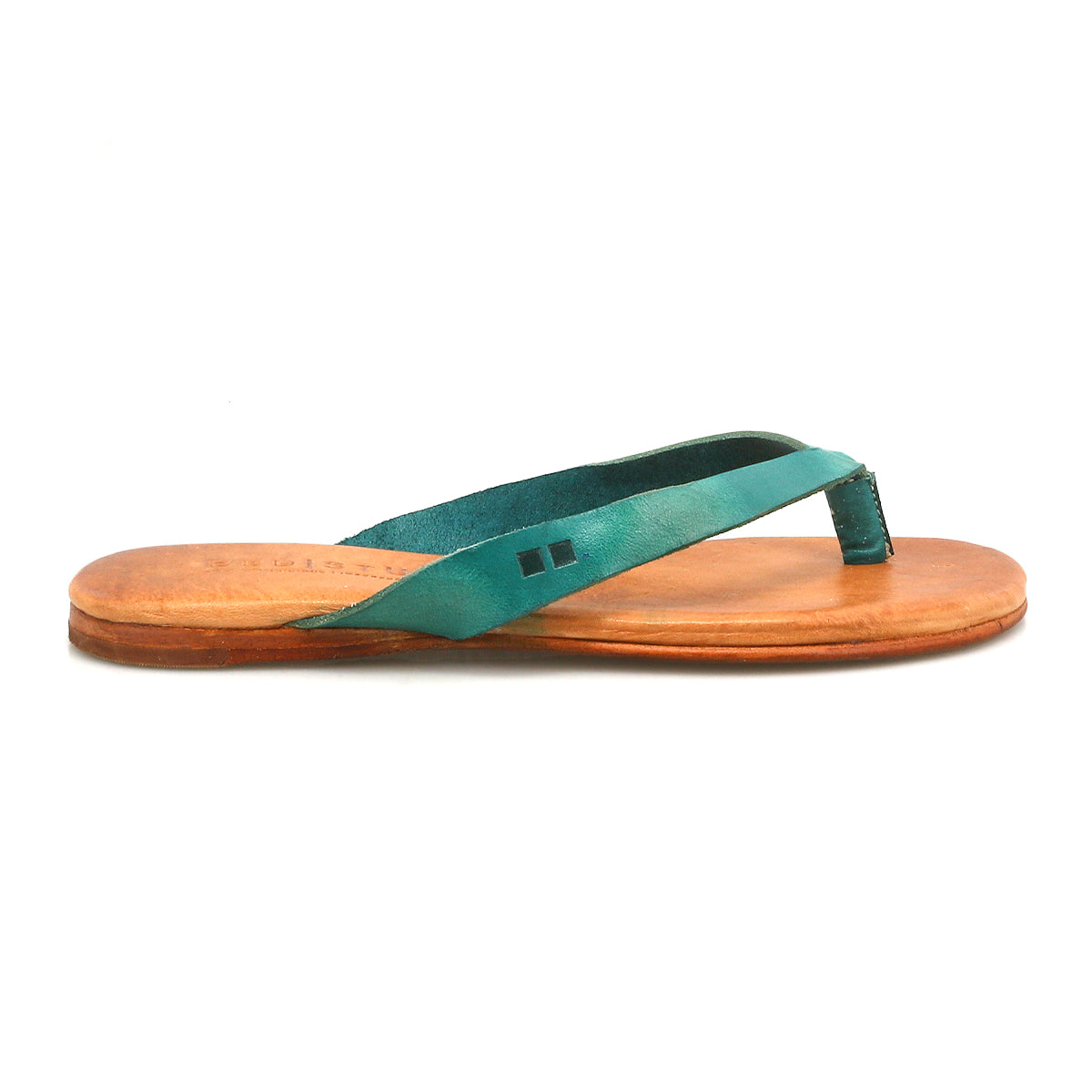 A single Calma sandal by Bed|Stü, featuring a teal leather thong upper and a tan flat sole, is shown from the side against a white background. This comfortable and lightweight leather sandal is ideal for all-day wear.