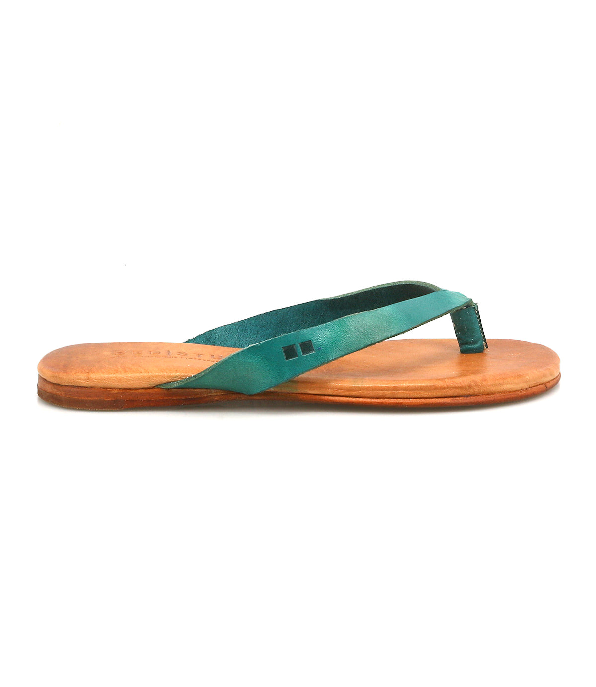 A single Calma sandal by Bed|Stü, featuring a teal leather thong upper and a tan flat sole, is shown from the side against a white background. This comfortable and lightweight leather sandal is ideal for all-day wear.