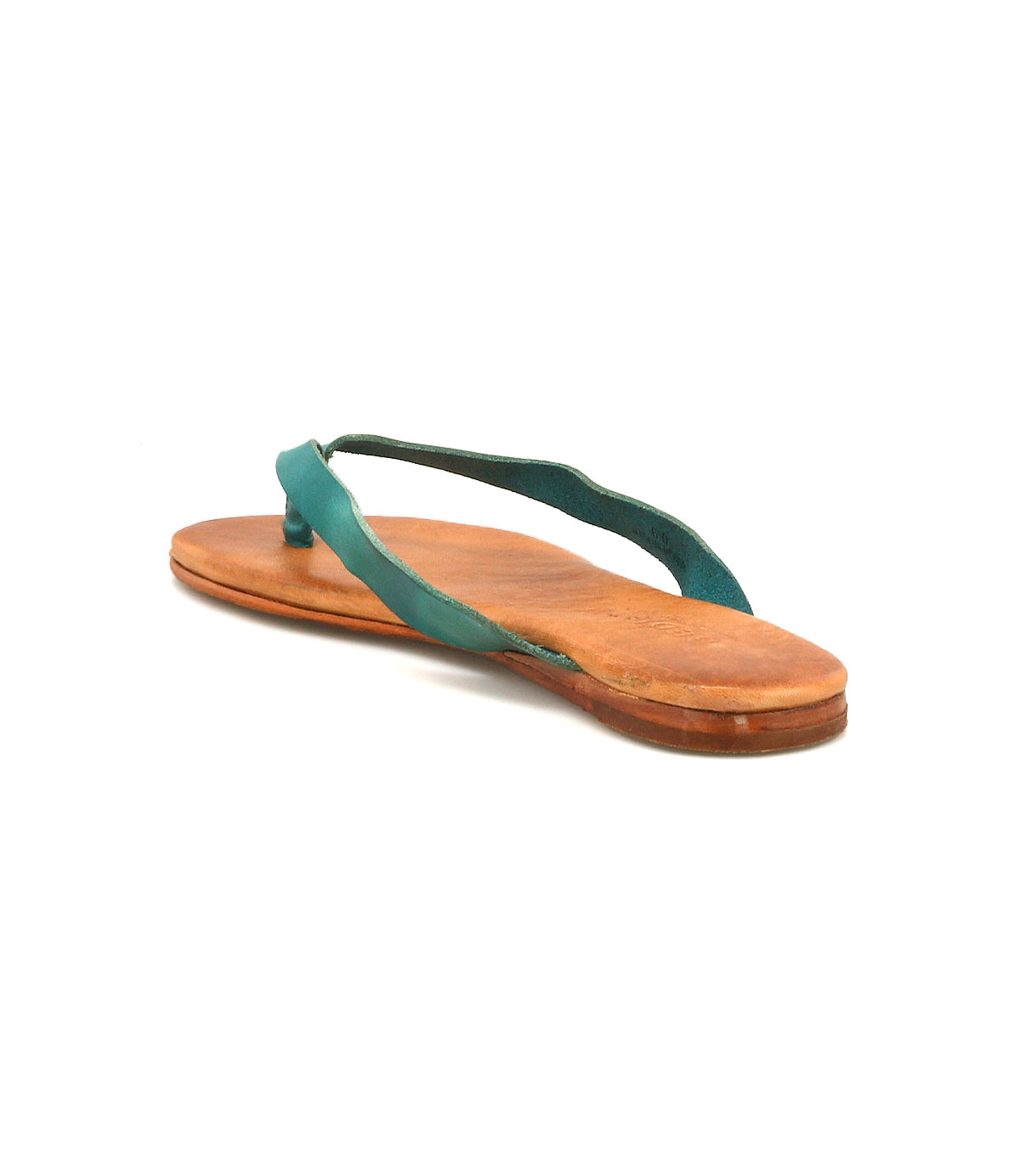 A single Calma sandal by Bed|Stü, crafted from lightweight brown leather with a comfortable teal strap, shown from the back on a white background.