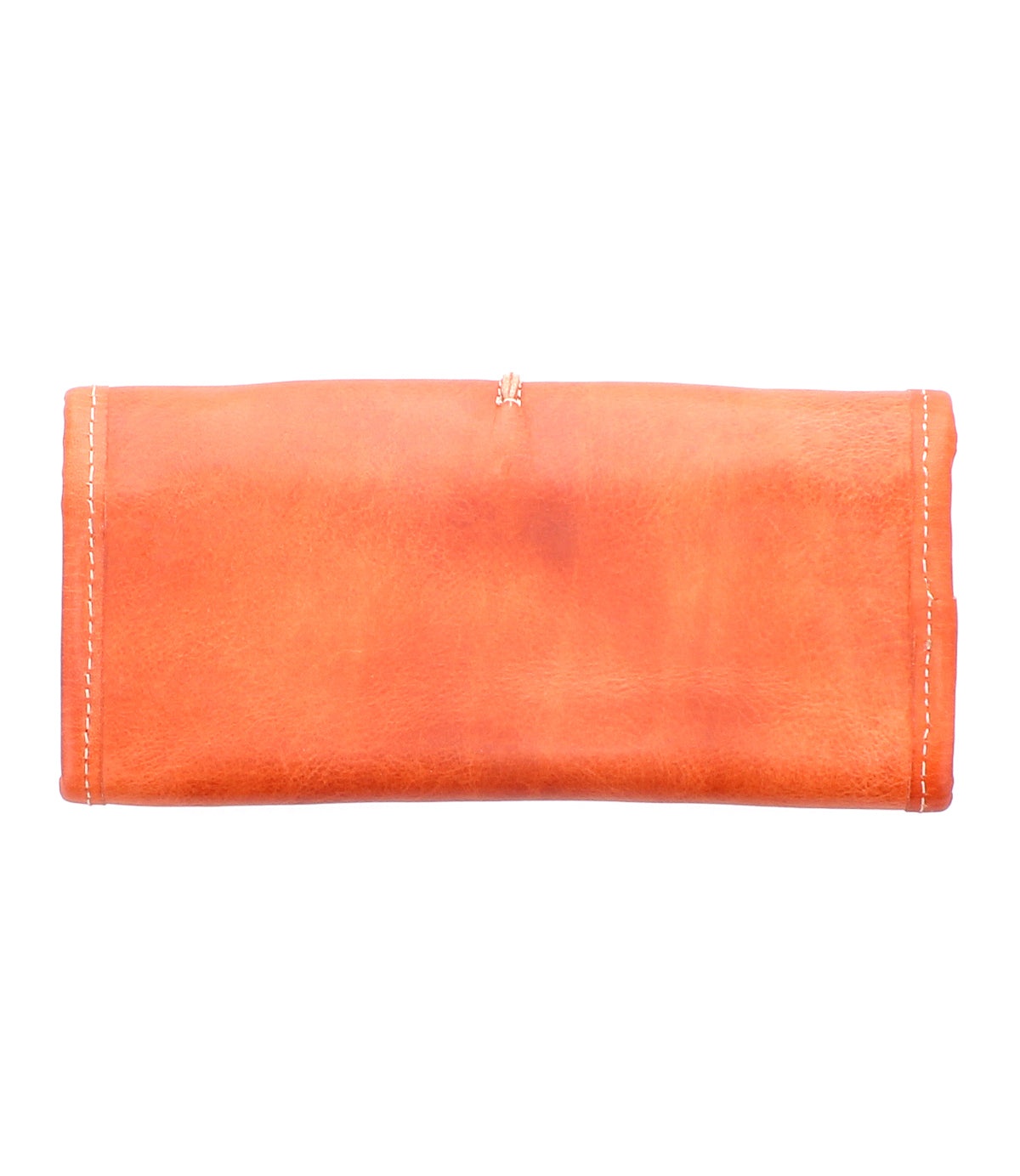 Presenting the Canton by Bed|Stü—a rectangular orange leather pouch featuring crisp white edge stitching, set against a white background. This versatile design effortlessly transitions between a chic clutch and a practical 2-in-1 leather wallet.