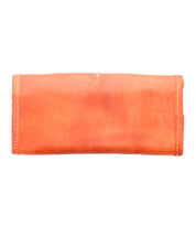 Presenting the Canton by Bed|Stü—a rectangular orange leather pouch featuring crisp white edge stitching, set against a white background. This versatile design effortlessly transitions between a chic clutch and a practical 2-in-1 leather wallet.
