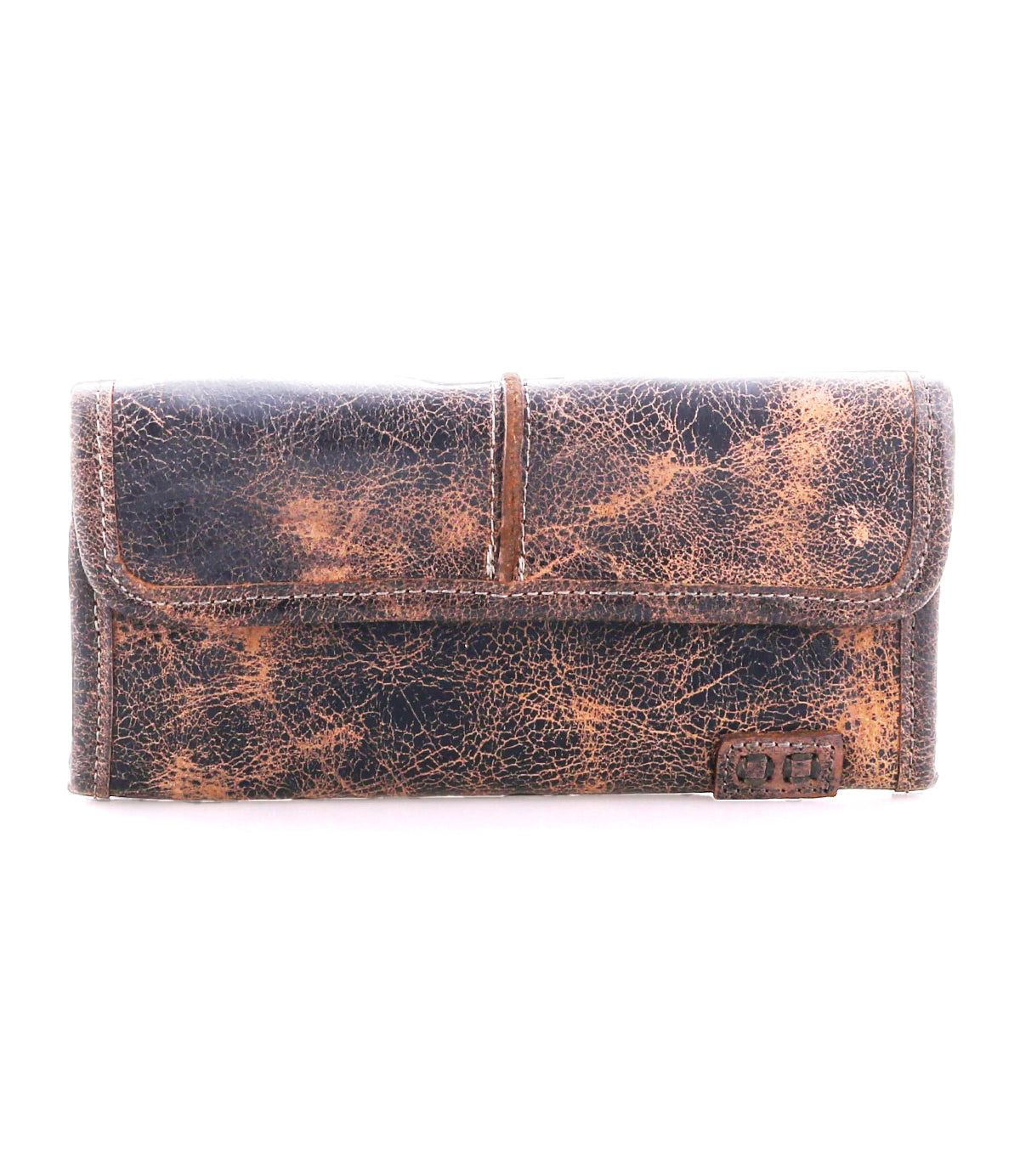 The Bed|Stü Canton is a distressed brown leather wallet featuring a flap closure and a small metal logo plate in the bottom right corner, designed as a versatile 2-in-1 accessory that can also be styled as a clutch for any occasion.