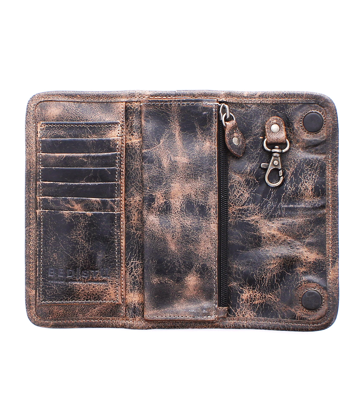 The Bed|Stü Canton is an open brown distressed leather wallet featuring card slots, a zippered pocket, a key clip, and two snap buttons, laid flat on a white background—a versatile 2-in-1 design that doubles as a compact clutch for everyday essentials.
