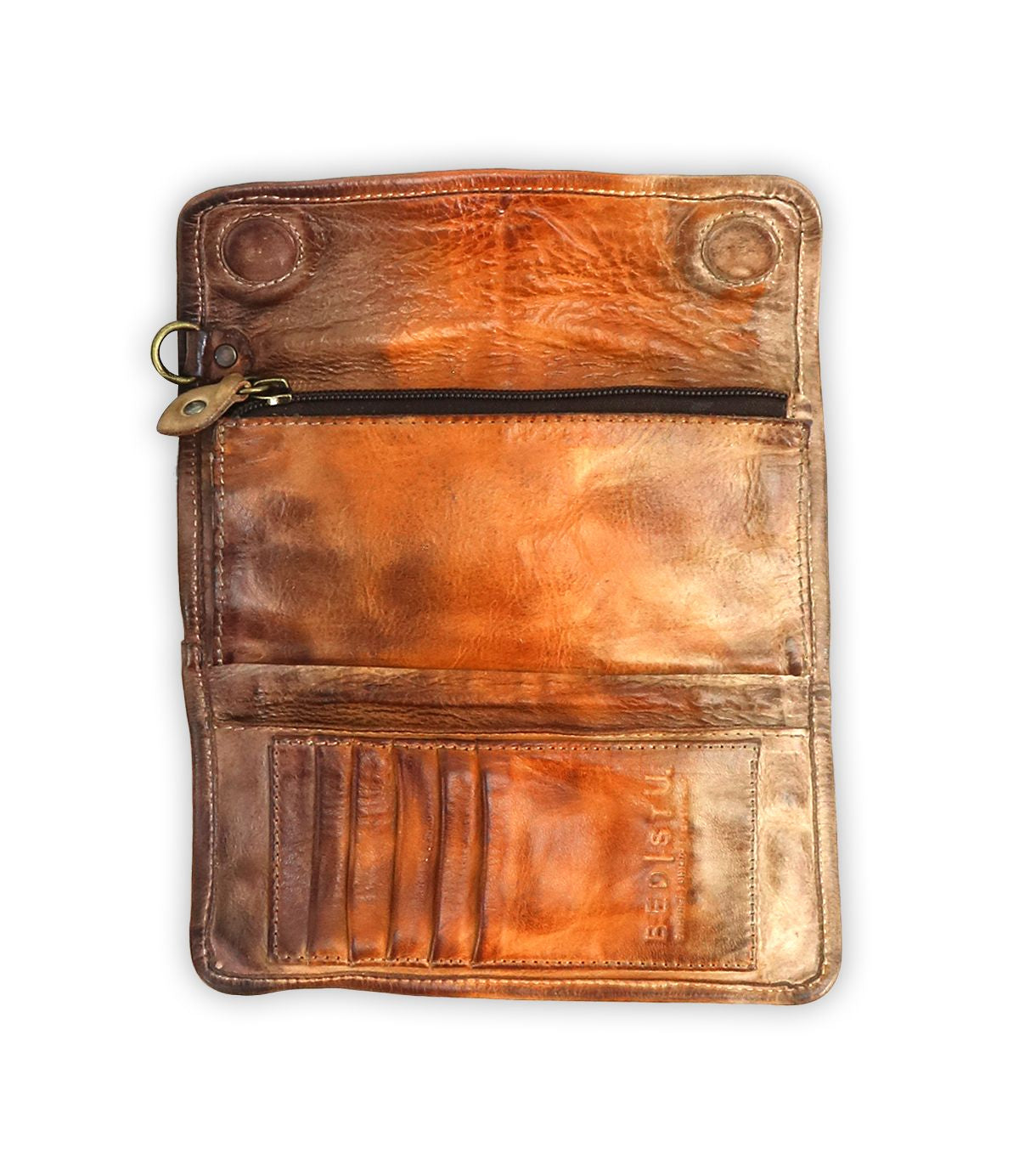 Open brown leather wallet with visible compartments for cards, a zippered pocket, and a brass clasp on the left side. This versatile 2-in-1 clutch features the brand name "Bed|Stü" and is named "Canton," with branding embossed near the bottom right.