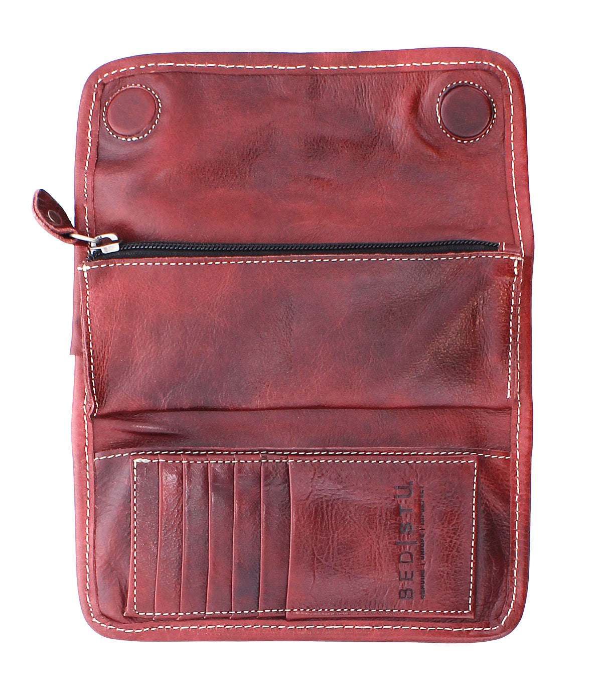 The Bed|Stü Canton wallet is shown open in brown leather, featuring a visible zippered pocket, four card slots, and embossed text. This versatile 2-in-1 clutch is displayed flat to highlight its detailed stitching and secure snap-button closures.
