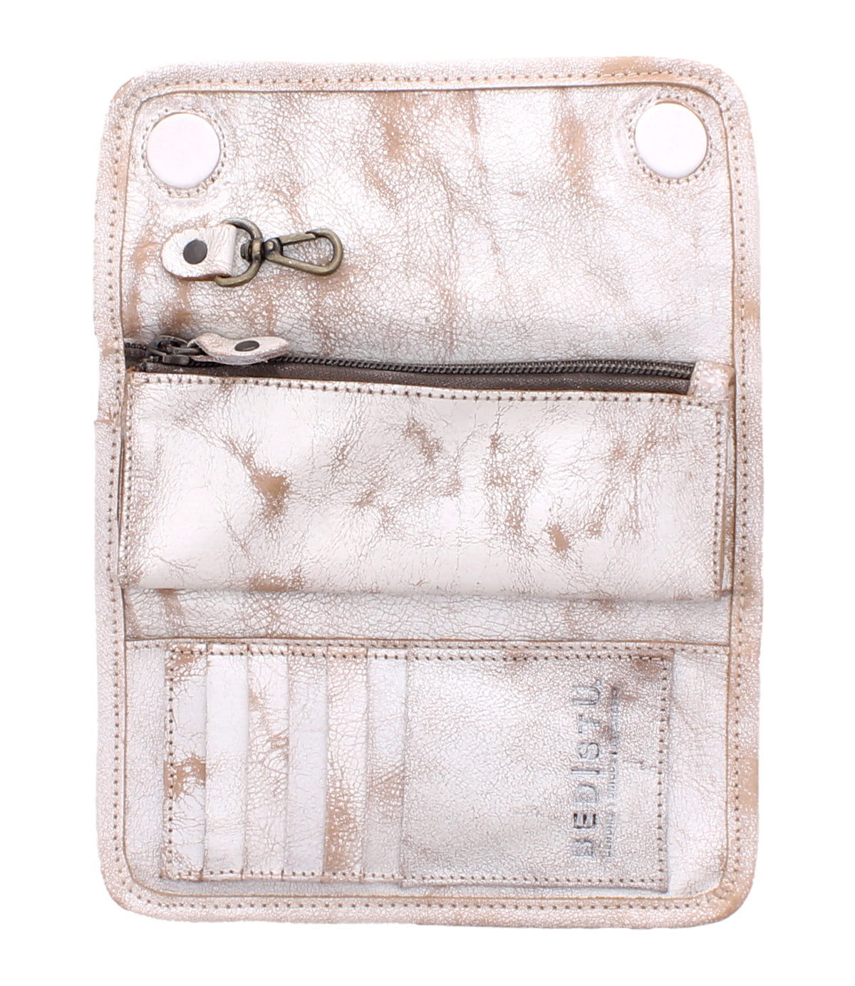 The Bed|Stü Canton wallet, crafted from light-colored, worn leather, is open to reveal its compact size with a zippered pocket, metal key clip, card slots, and two snap buttons.