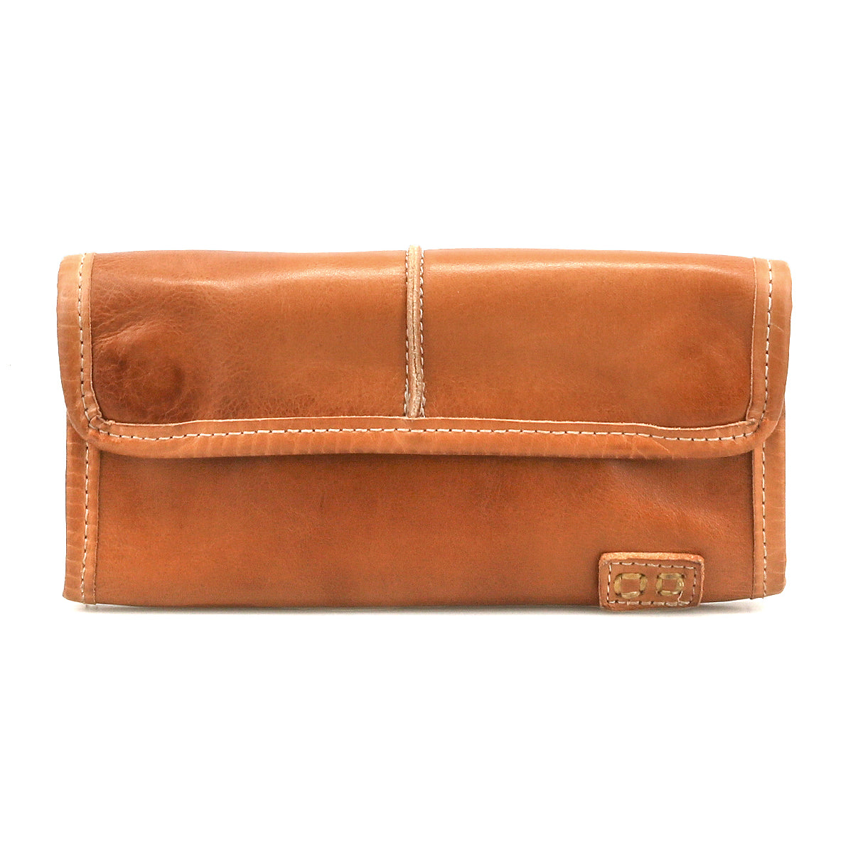The Canton wallet by Bed|Stü is a tan leather 2-in-1 design featuring visible stitching and a small rectangular patch on the bottom right corner, showcased against a white background for a versatile and stylish look.