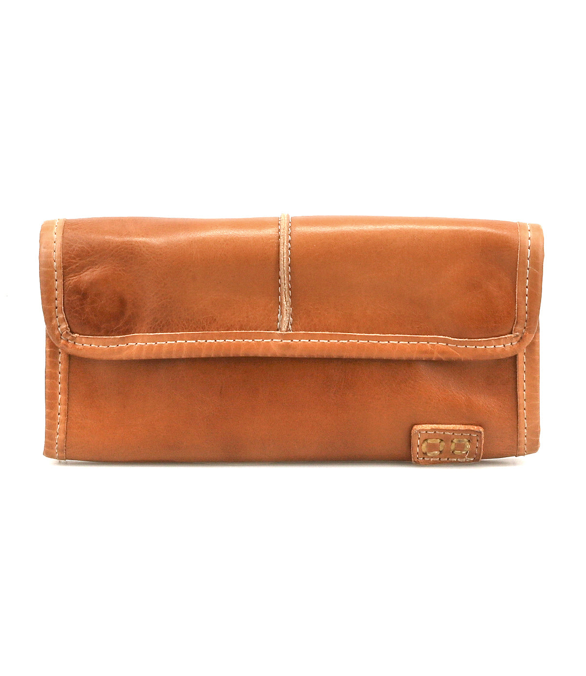 The Canton wallet by Bed|Stü is a tan leather 2-in-1 design featuring visible stitching and a small rectangular patch on the bottom right corner, showcased against a white background for a versatile and stylish look.