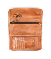 Introducing Canton by Bed|Stü: An open tan leather 2-in-1 wallet featuring multiple card slots, a zippered pocket, convenient hooks, and "Bed|Stü" branding embossed on the lower right—versatile enough to be carried as a stylish clutch.