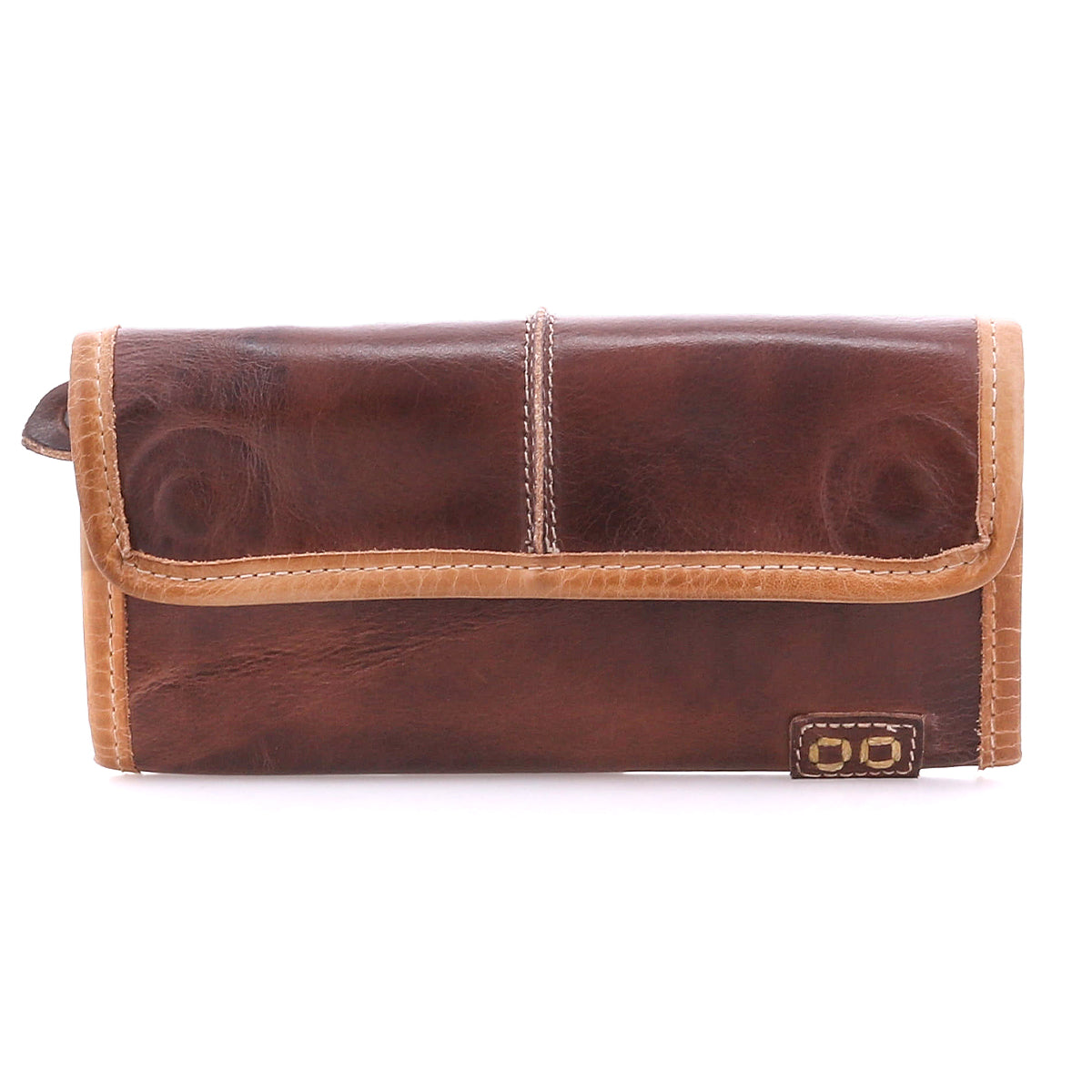 The Bed|Stü Canton wallet features rich brown leather with light brown stitching and a small rectangular logo patch in the lower right corner; this elegant accessory also doubles as a convenient 2-in-1 clutch for added versatility.