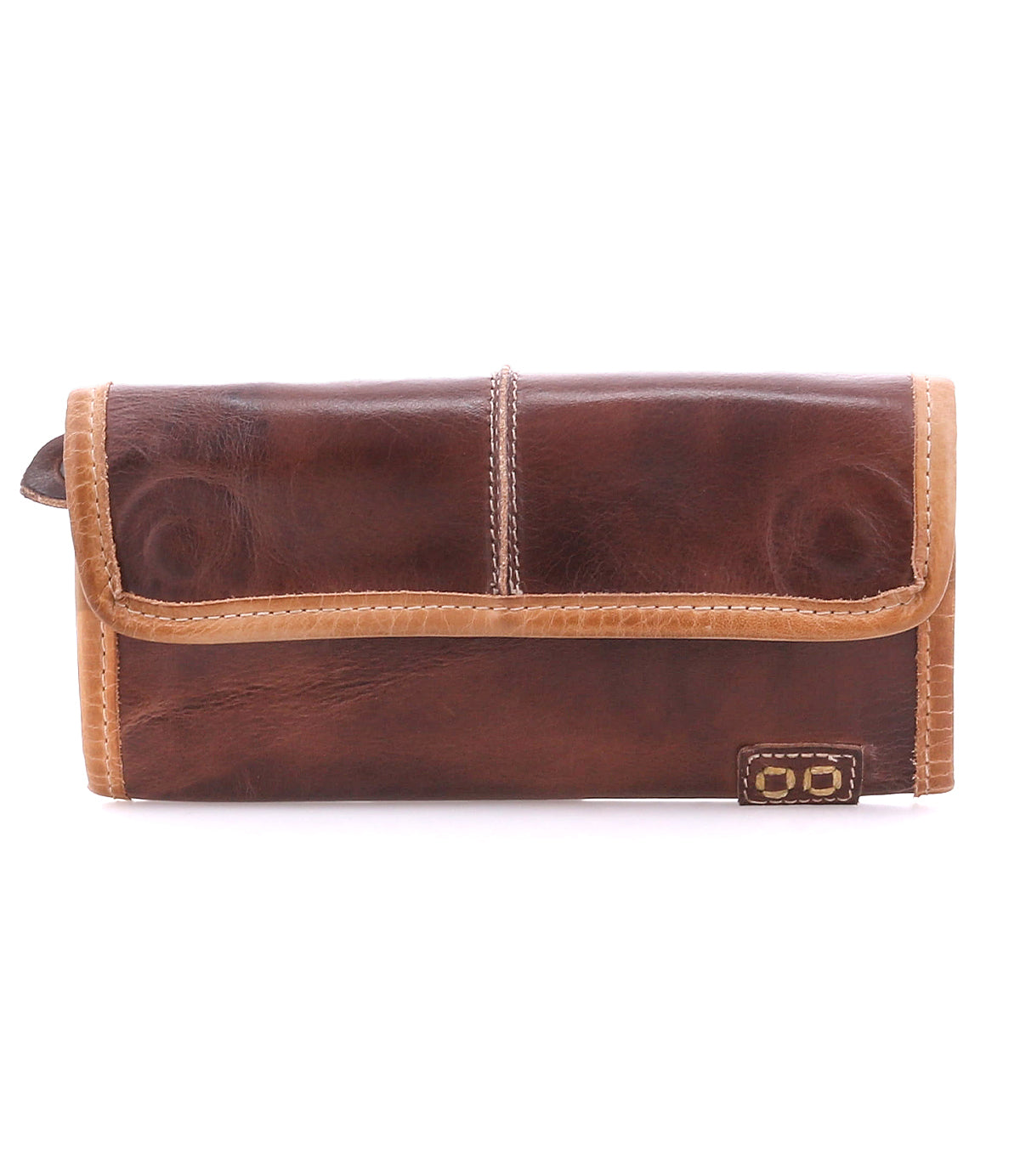 The Bed|Stü Canton wallet features rich brown leather with light brown stitching and a small rectangular logo patch in the lower right corner; this elegant accessory also doubles as a convenient 2-in-1 clutch for added versatility.