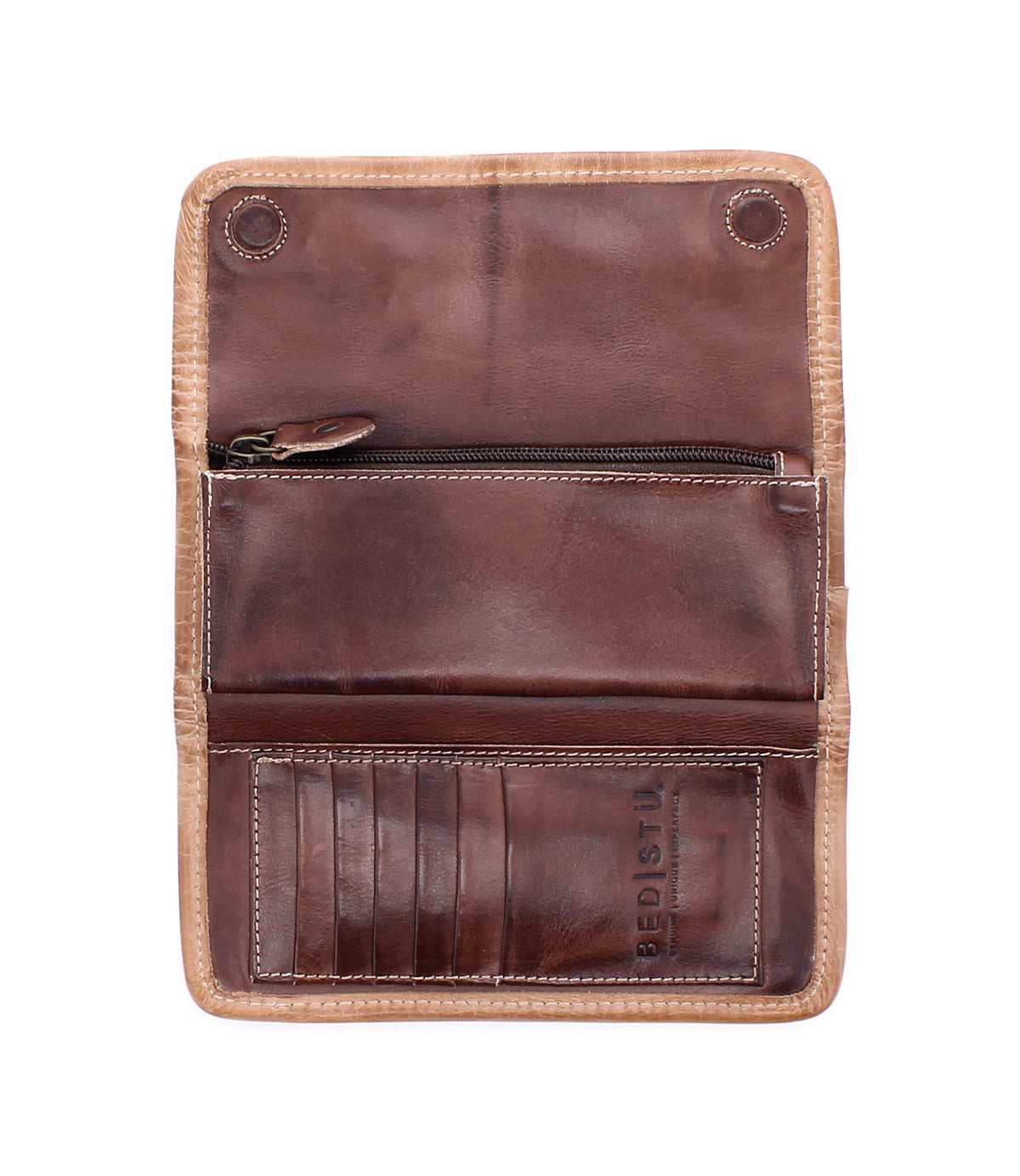 Introducing the Canton by Bed|Stü: an open brown leather wallet featuring a zipper pouch, card slots, and the stamped "BED|STÜ" logo. This versatile 2-in-1 clutch and leather wallet is showcased against a white background.