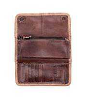 Introducing the Canton by Bed|Stü: an open brown leather wallet featuring a zipper pouch, card slots, and the stamped "BED|STÜ" logo. This versatile 2-in-1 clutch and leather wallet is showcased against a white background.