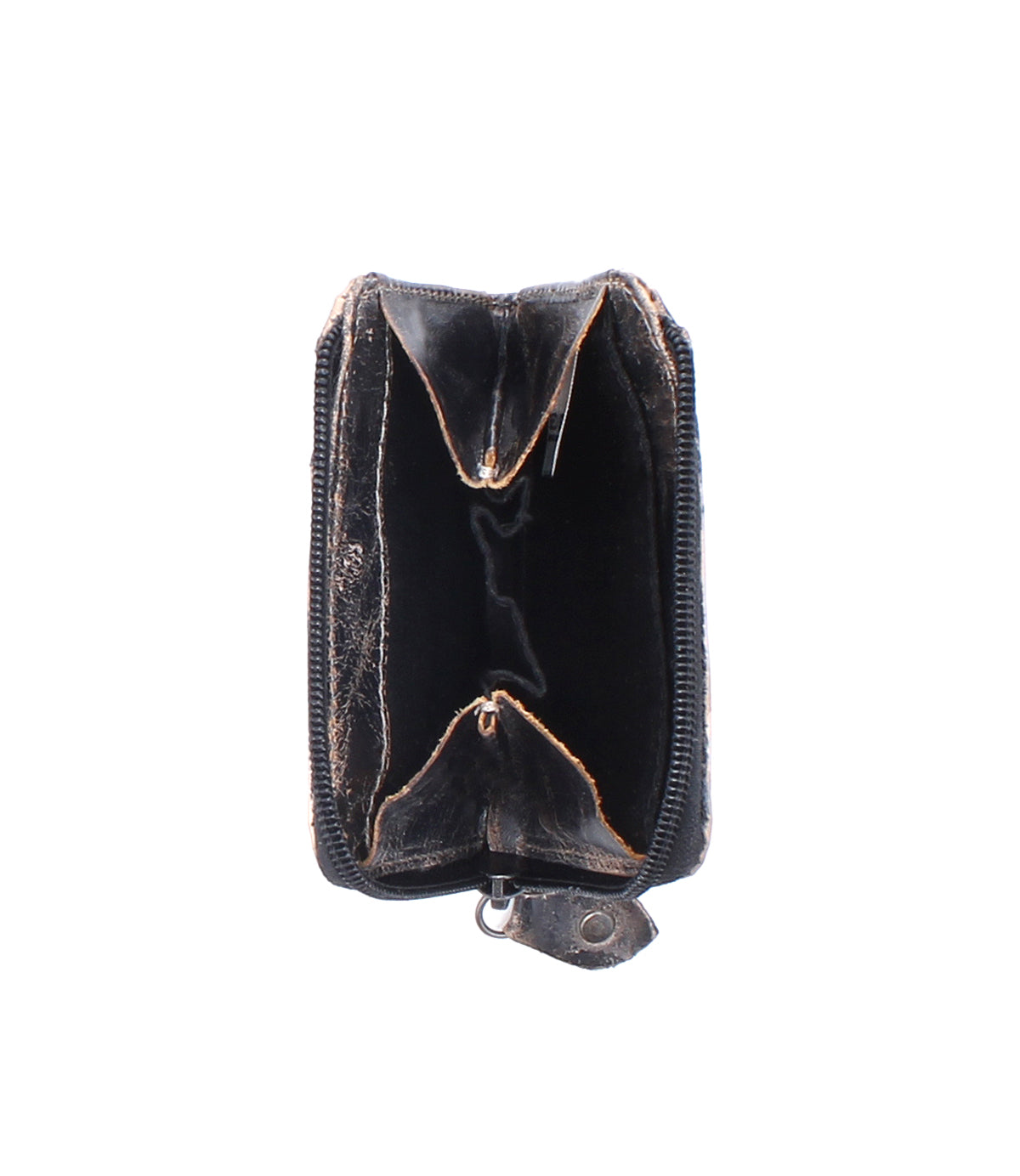 The Bed|Stü "Carrie" compact leather wallet, in black and showing signs of wear, stands open and upright with its zipper visible against a white background.