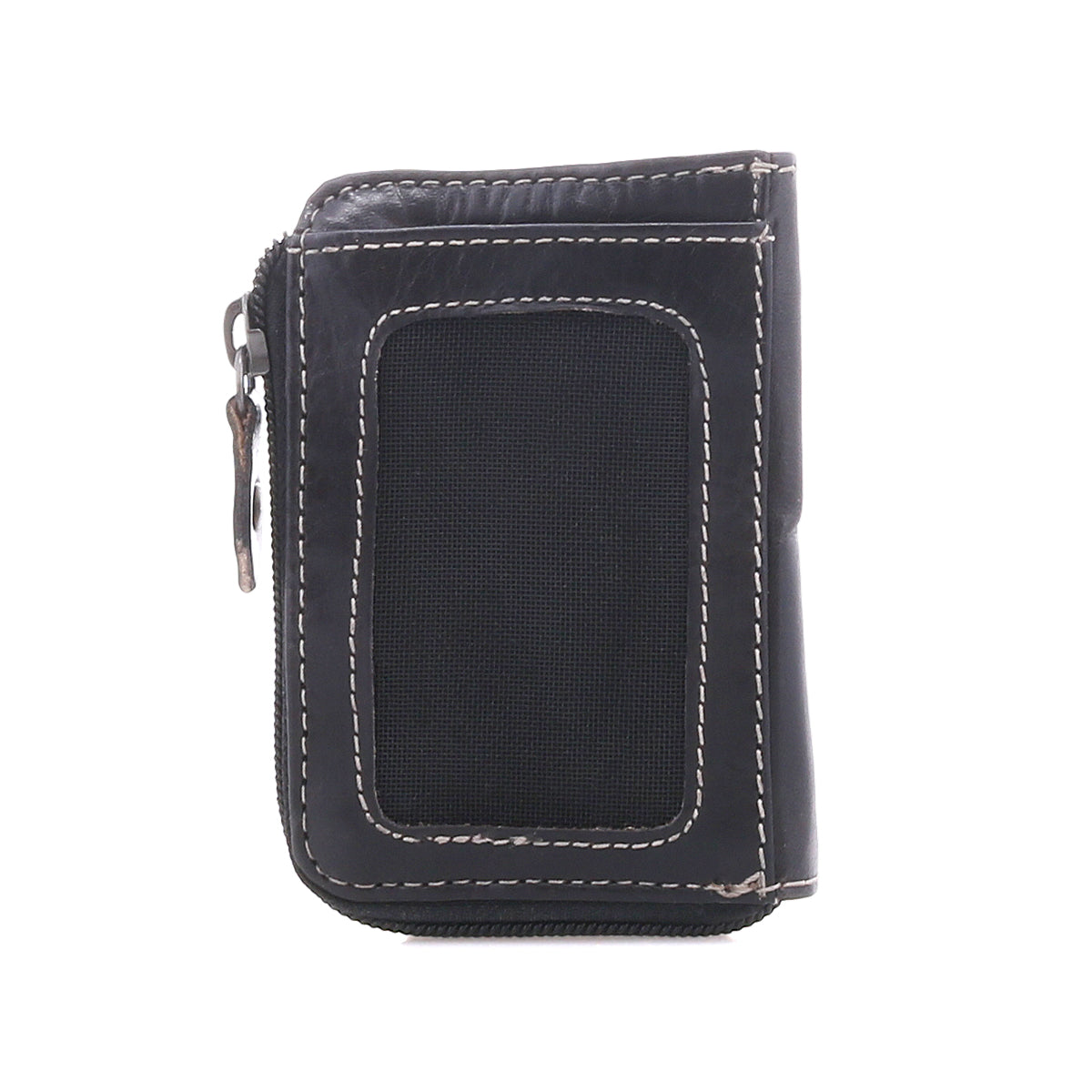 Carrie by Bed|Stü is a black compact leather wallet, featuring white stitching and a zipper, displayed closed and upright against a white background. This slim design offers easy-access card slots for added convenience.