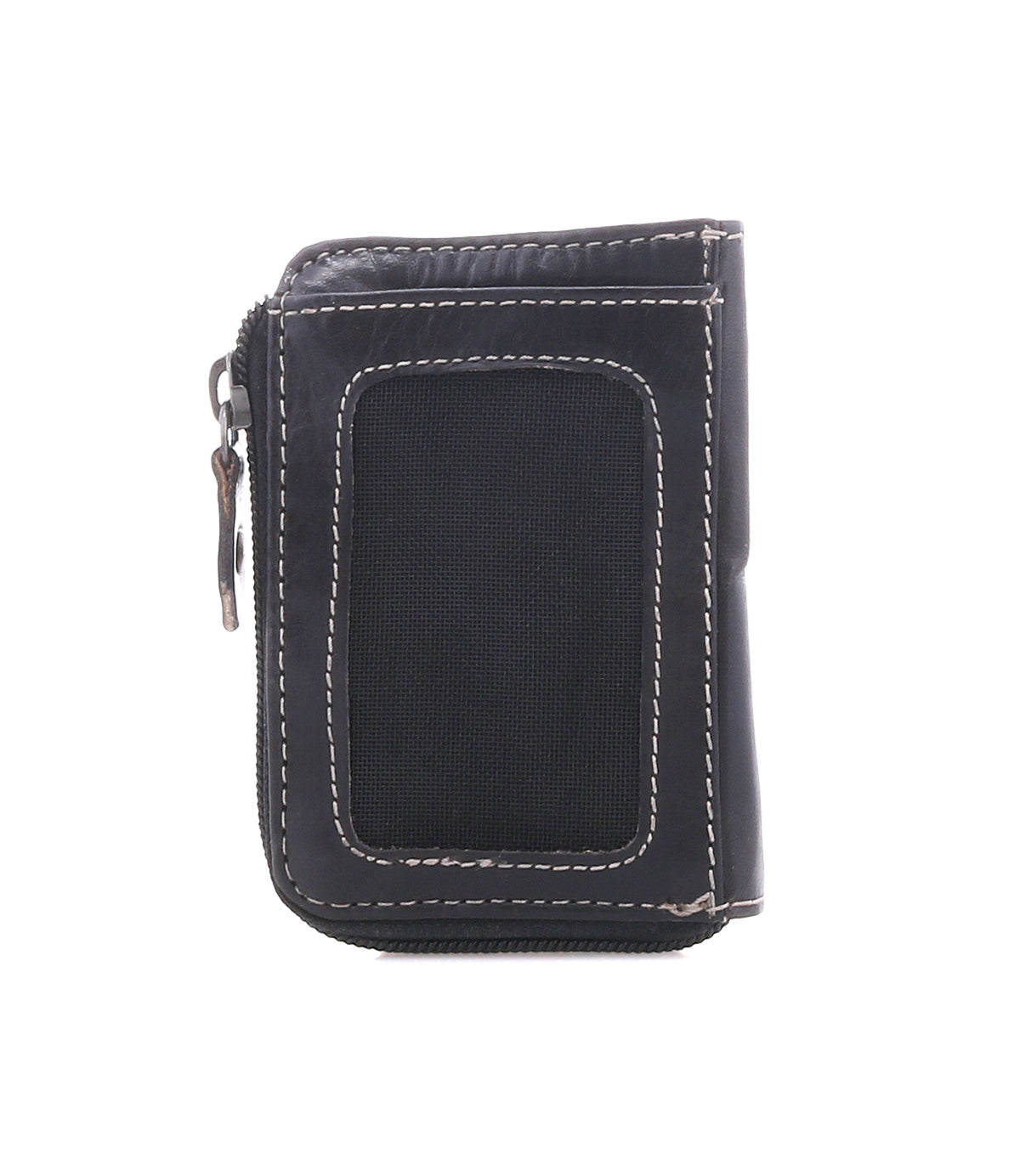 Carrie by Bed|Stü is a black compact leather wallet, featuring white stitching and a zipper, displayed closed and upright against a white background. This slim design offers easy-access card slots for added convenience.