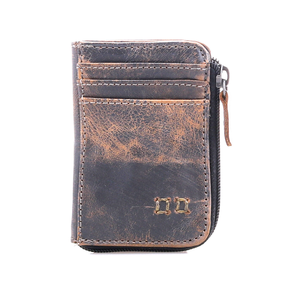 The Bed|Stü Carrie is a brown compact leather wallet featuring card slots, a zip compartment, and visible stitching, shown against a white background.