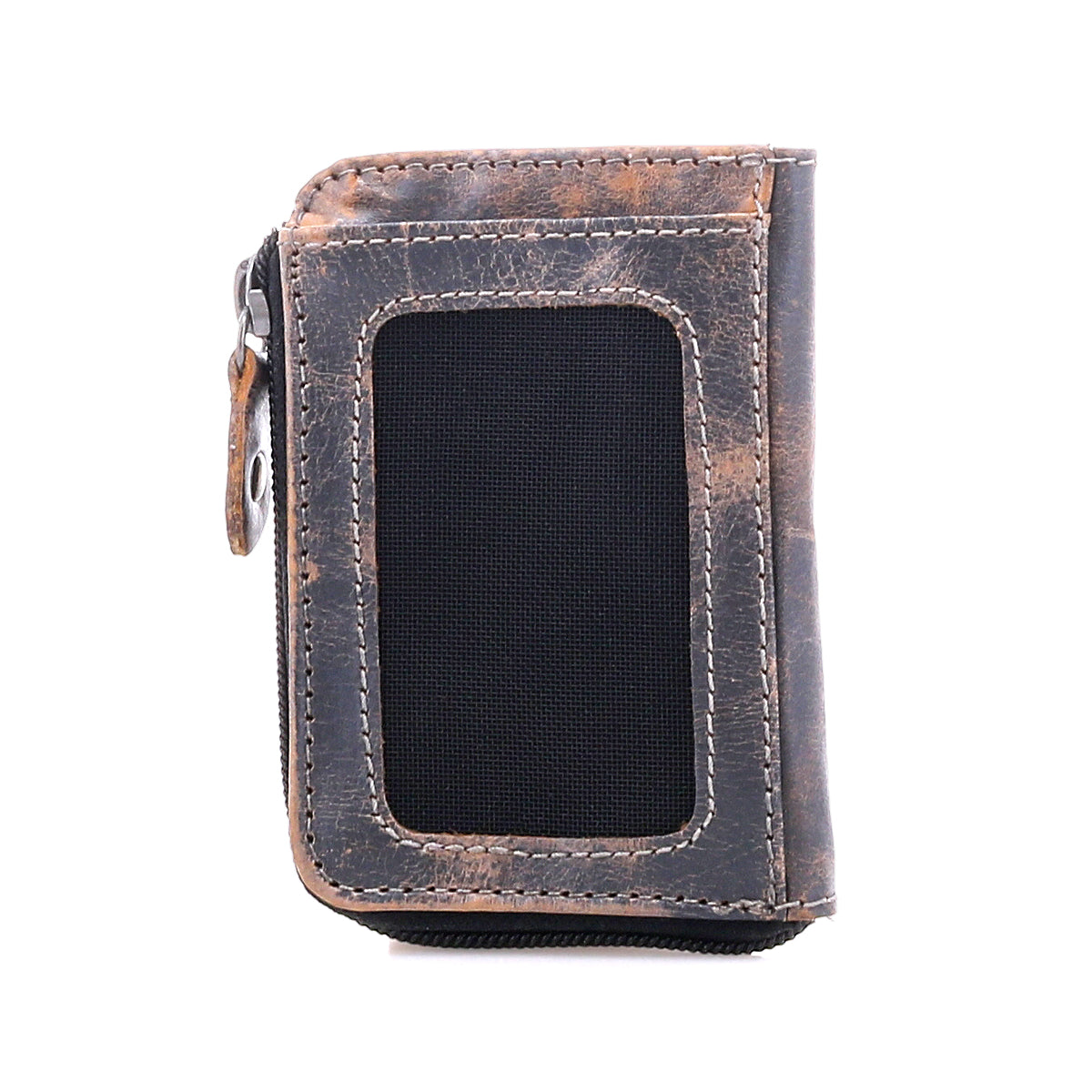 Introducing the Carrie by Bed|Stü—a compact leather wallet in brown and black tones, showcasing visible stitching and a transparent ID window. This upright design on a white background features convenient card slots and a secure zip compartment for your essentials.