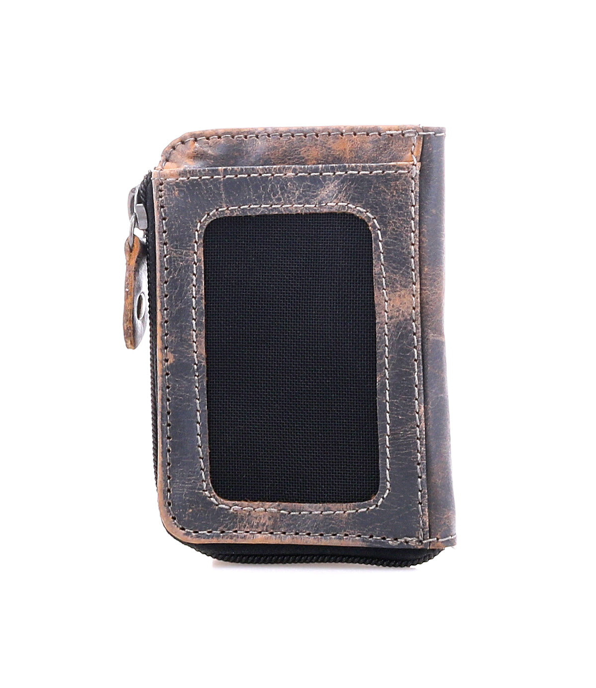 Introducing the Carrie by Bed|Stü—a compact leather wallet in brown and black tones, showcasing visible stitching and a transparent ID window. This upright design on a white background features convenient card slots and a secure zip compartment for your essentials.