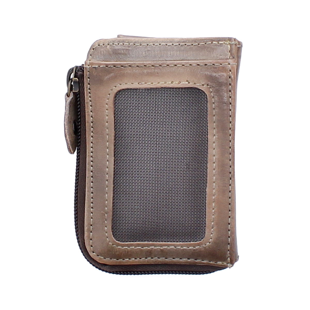 The Bed|Stü Carrie is a compact leather wallet featuring a mesh ID window on one side, easy-access card slots, and a zipper along one edge, shown against a white background.