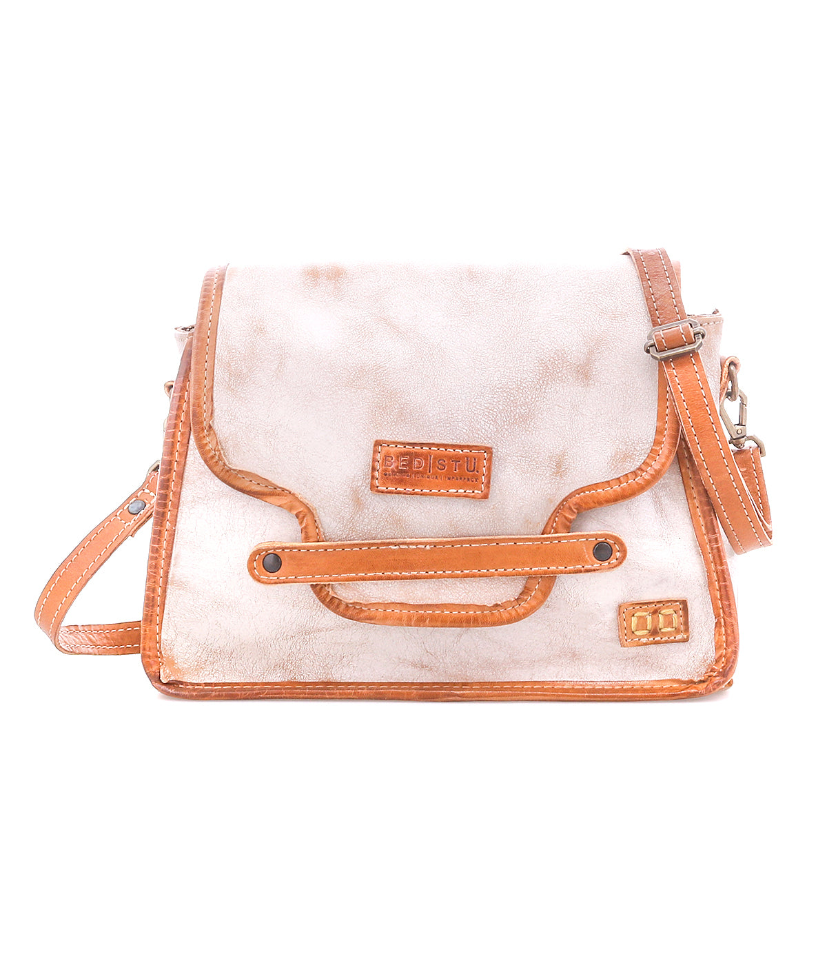 Introducing the Bed|Stü Ceremonious—a beige and brown leather crossbody bag featuring a front flap with vibrant orange trim, a convenient top handle, and an adjustable shoulder strap. This preppy flap-top bag combines effortless style and practicality with its organized interior and secure magnetic closure.
