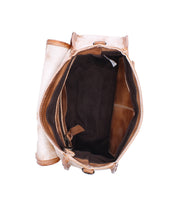 Top view of the Bed|Stü Ceremonious handbag in tan leather with a dark fabric interior, featuring a magnetic closure and showcasing multiple compartments along with a zippered pocket for organized storage.