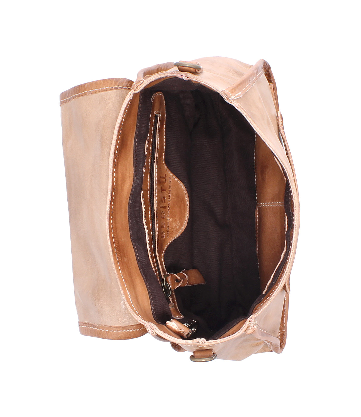 Top view of the Bed|Stü Ceremonious bag in tan leather with a flap-top design, featuring a dark fabric-lined interior, inner pocket, magnetic closure, and visible stitching, displayed against a white background.