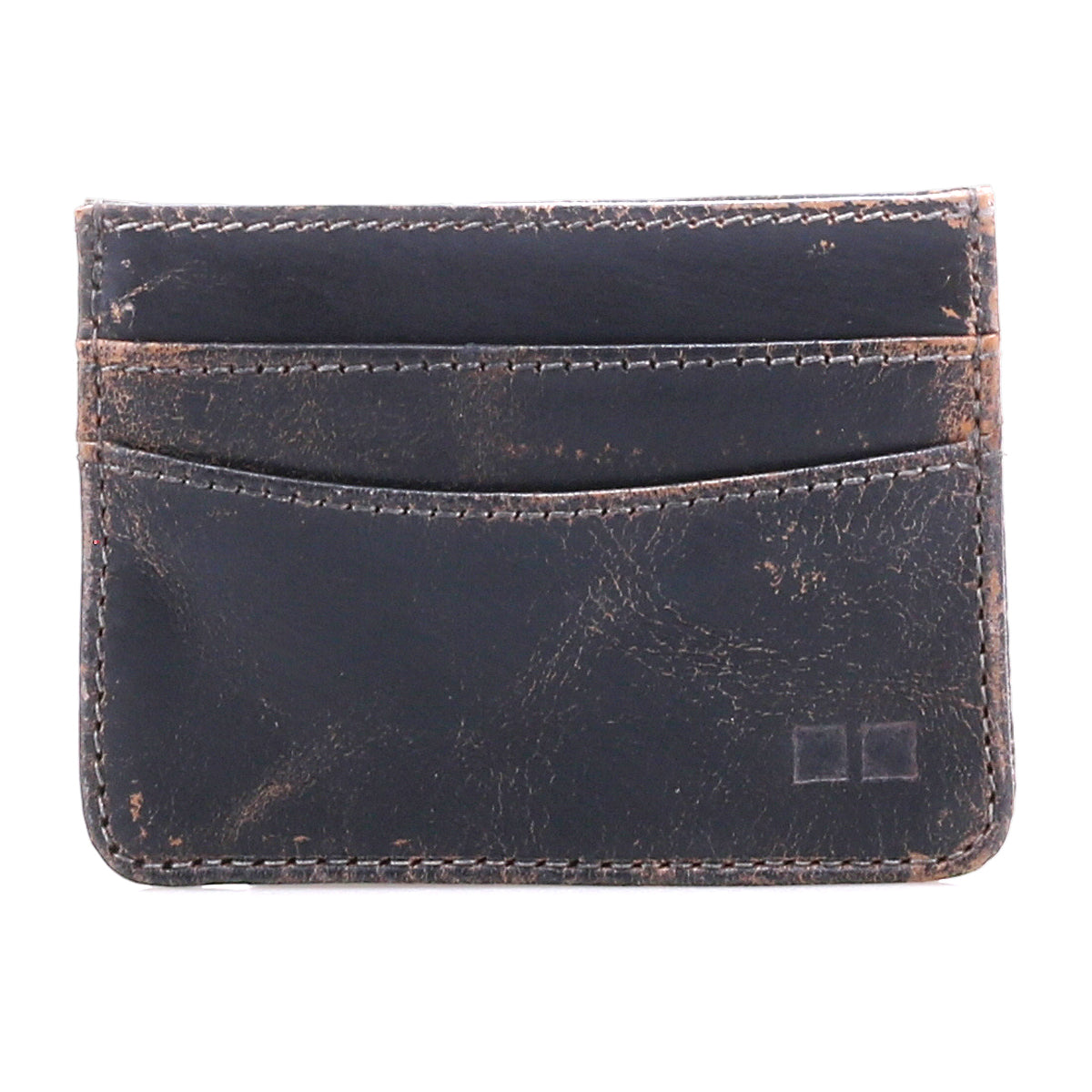 Presenting the Chuck by Bed|Stü—a black leather slim wallet featuring a well-worn finish with visible scratches and two front slots, displayed against a clean white background. Compact and durable, the Chuck is a practical choice for everyday use.