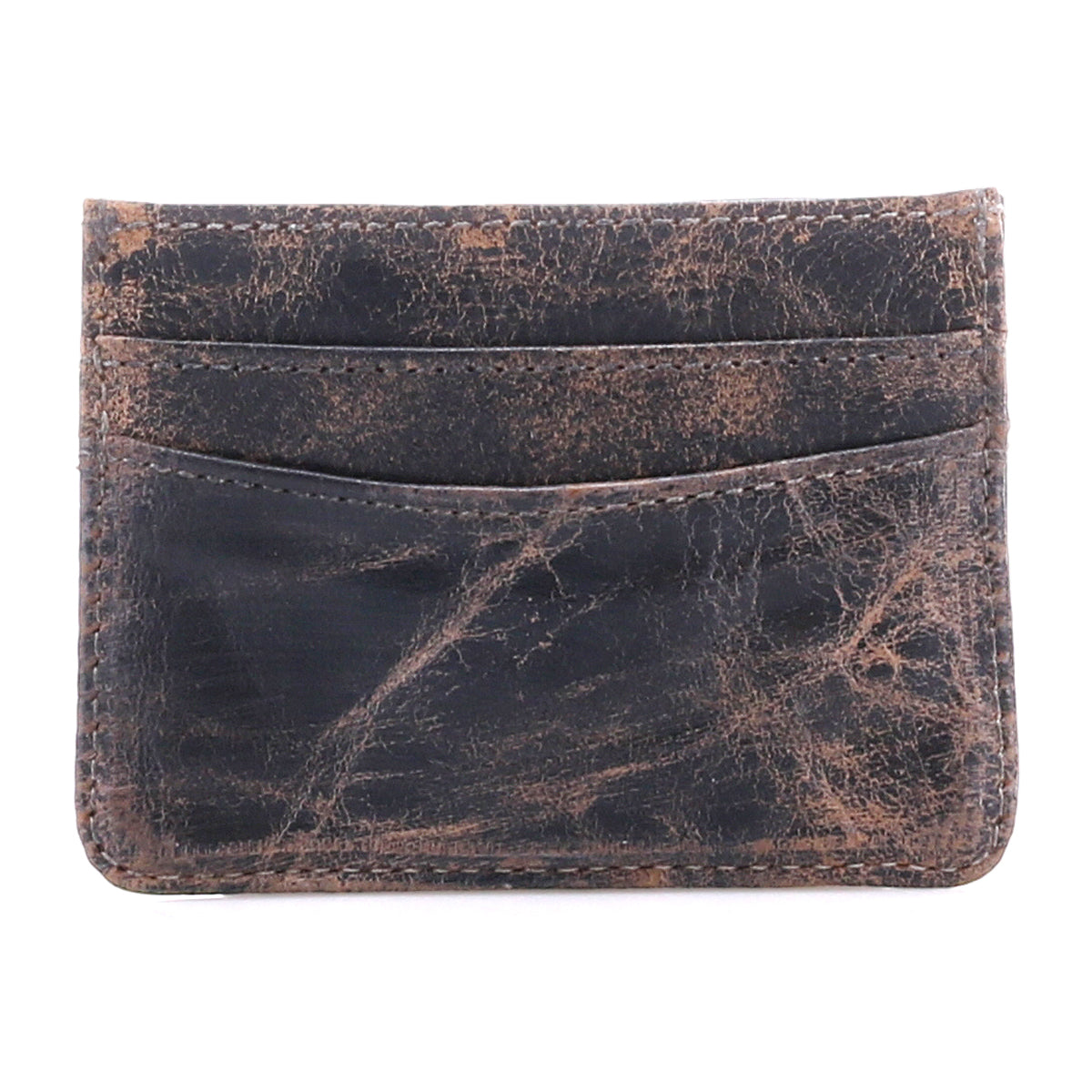 The Chuck by Bed|Stü is a compact card wallet crafted from brown, distressed leather, featuring two card slots on one side with visible wear and creases—ideal for everyday carry.