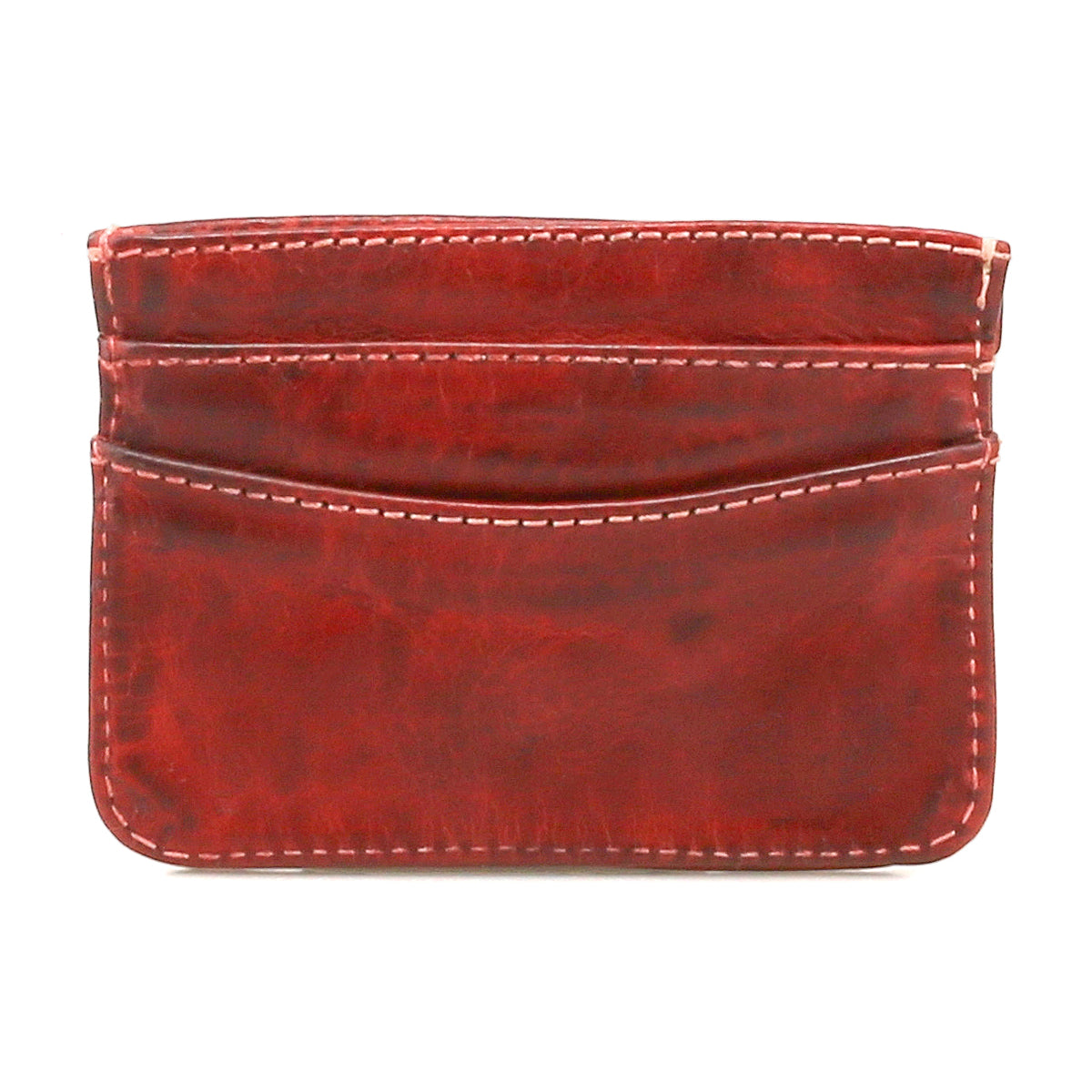The Chuck by Bed|Stü is a red leather compact card wallet with white stitching, featuring three visible card slots—perfect for everyday carry.