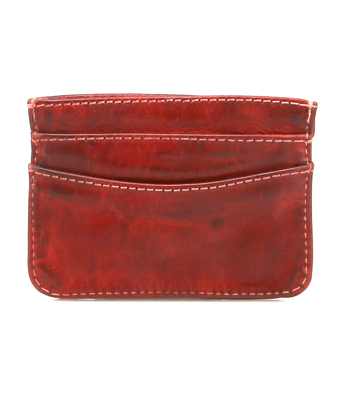 The Chuck by Bed|Stü is a red leather compact card wallet with white stitching, featuring three visible card slots—perfect for everyday carry.