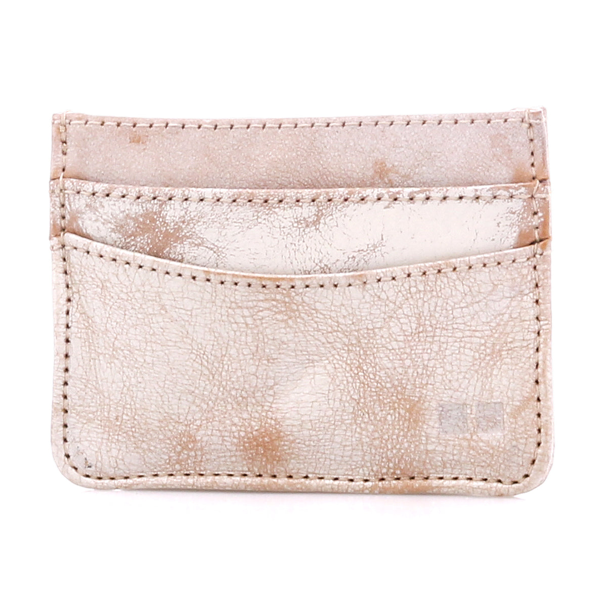 The Bed|Stü Chuck is a beige leather compact card wallet featuring visible stitching, two front slots, and a slightly worn, textured surface—an ideal slim option for your everyday carry.