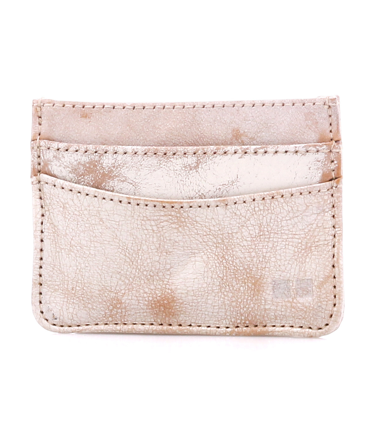 The Bed|Stü Chuck is a beige leather compact card wallet featuring visible stitching, two front slots, and a slightly worn, textured surface—an ideal slim option for your everyday carry.
