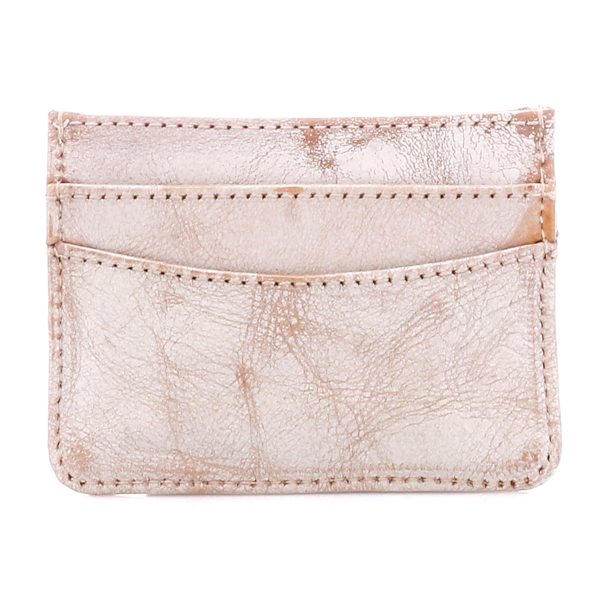 The Chuck wallet by Bed|Stü is a slim, light pink leather design featuring two card slots and visible stitching along the edges, displayed against a white background.