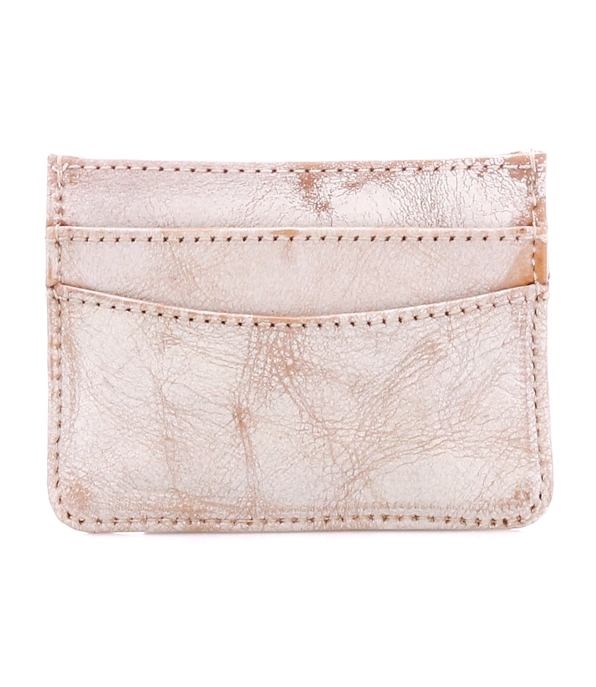 The Chuck wallet by Bed|Stü is a slim, light pink leather design featuring two card slots and visible stitching along the edges, displayed against a white background.