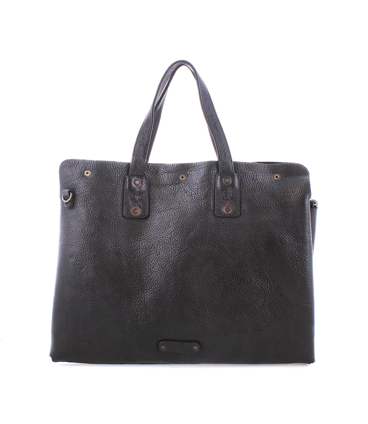 The Bed|Stü Commuter bag, featuring black textured leather, two sturdy handles, and sleek metal hardware in a rectangular silhouette, is ideal as a stylish laptop or mobile office bag and is showcased against a plain white background.