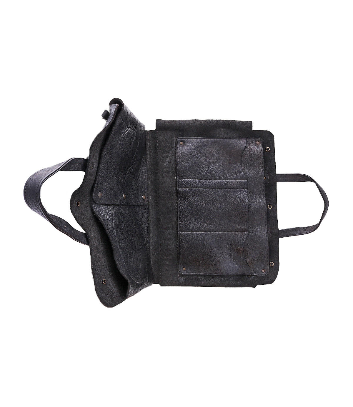 The Bed|Stü Commuter black leather bag is shown laying flat against a white background, displaying its inner compartments and pockets with the strap visible on the left side—perfect for staying organized as a mobile office bag.