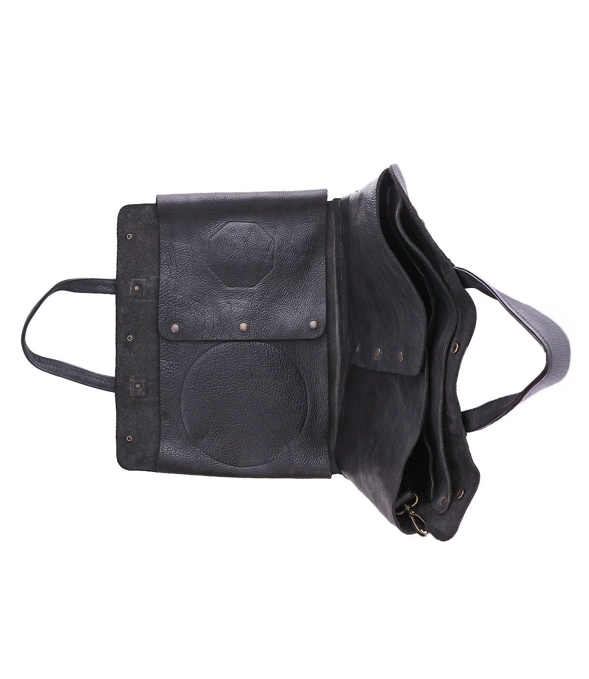 The Bed|Stü Commuter bag, crafted in black leather, is shown from above with its flap open—revealing a roomy main compartment and an inner pocket, making it the ideal mobile office bag for carrying all your essentials.