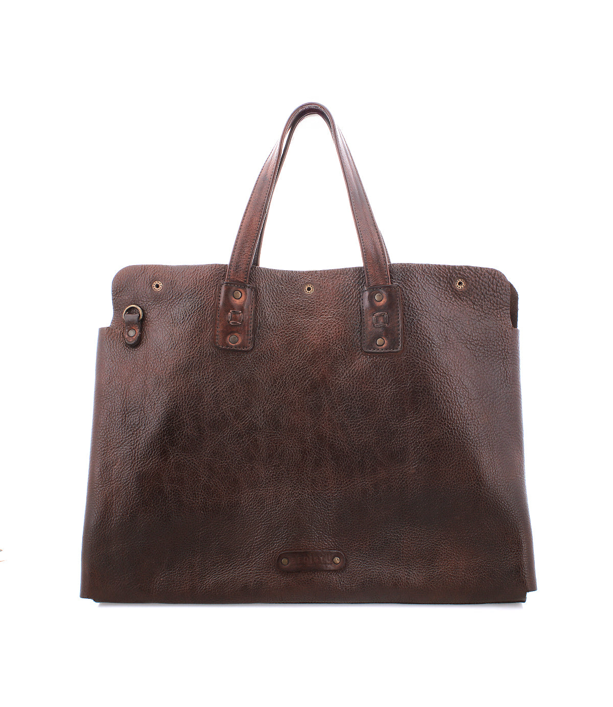 The Bed|Stü Commuter is a large, rectangular brown leather bag featuring two sturdy handles and metal rivet detailing, ideal for carrying your essentials as a stylish laptop or mobile office bag. Shown against a white background.