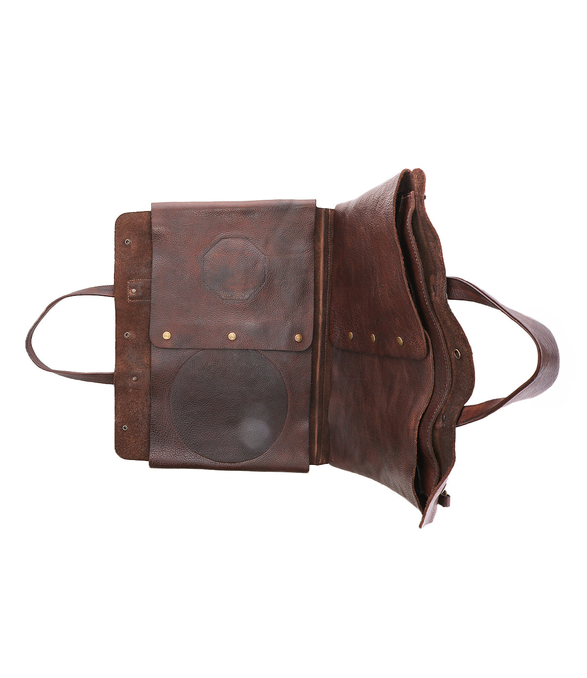 The Bed|Stü Commuter bag in brown leather is shown from above, featuring two handles, a large snap-button pocket, and a roomy main compartment—ideal for use as a stylish mobile office bag.