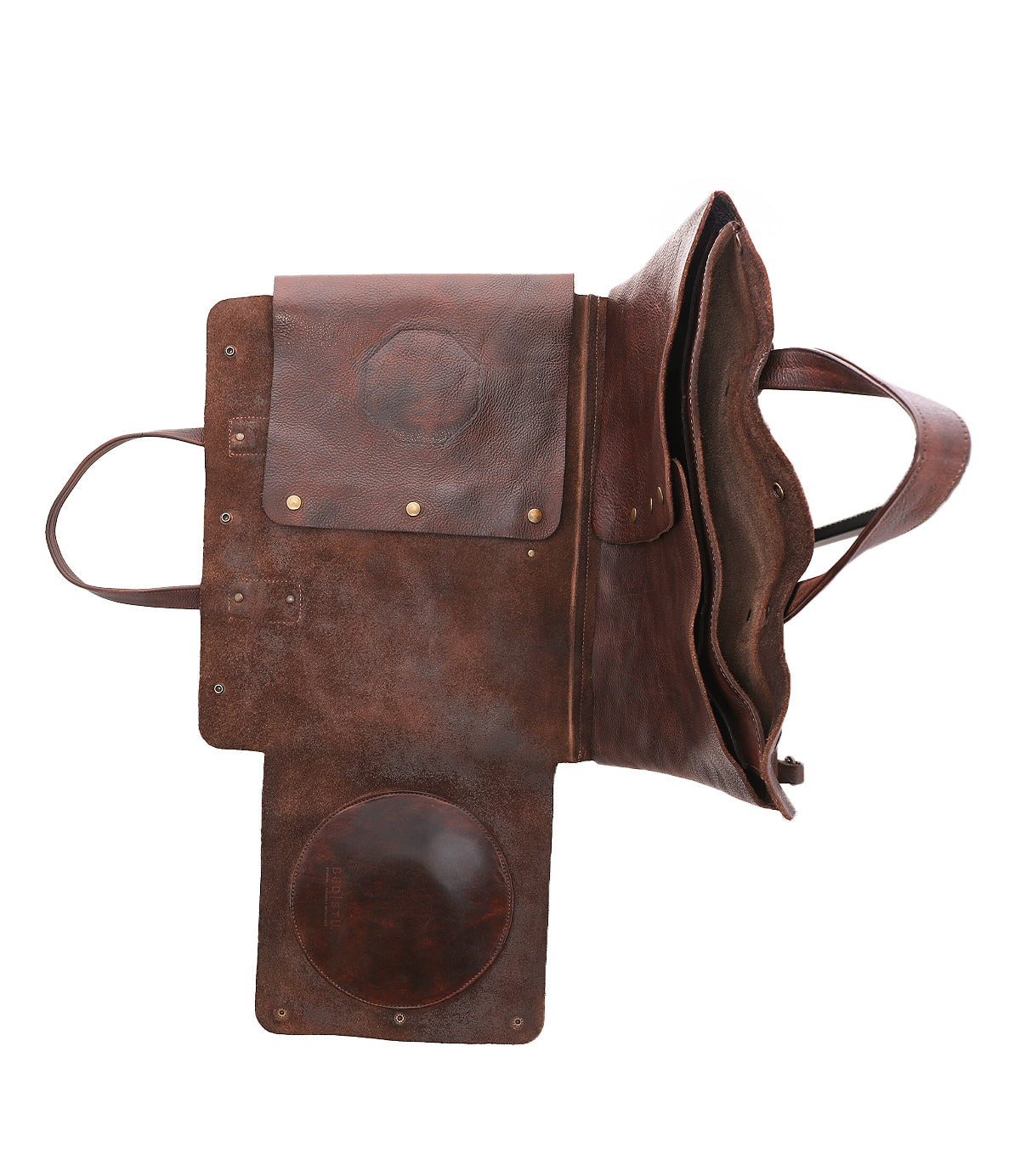 Showcasing the Bed|Stü Commuter bag in brown leather, this flap-top design opens to reveal multiple compartments and pockets—expertly crafted to serve as a stylish mobile office bag, all presented on a clean white background.