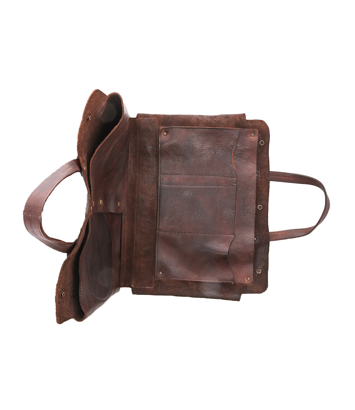 The Bed|Stü Commuter laptop bag, made of brown leather, is shown from above on a white background with its compartments and handles clearly visible.