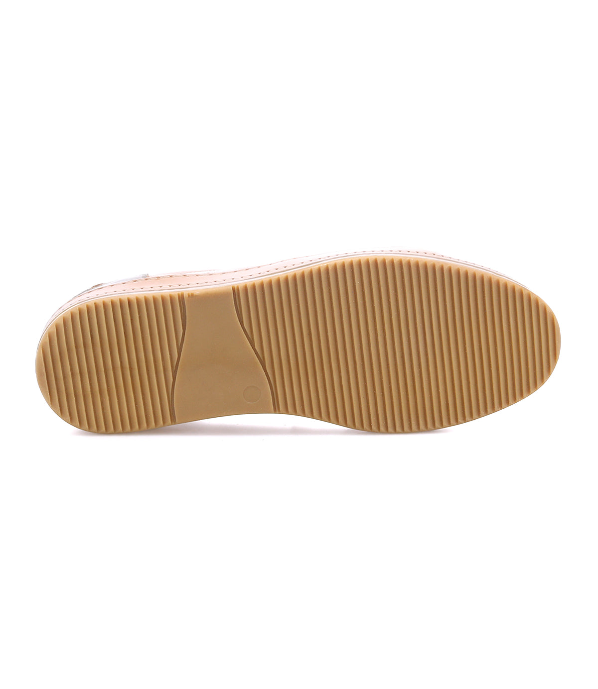 The image features the bottom view of the Bed|Stü Condor sneaker, showcasing its tan leather sole with horizontal ridges and a smooth section near the heel—details that emphasize its durable construction and comfortable design.