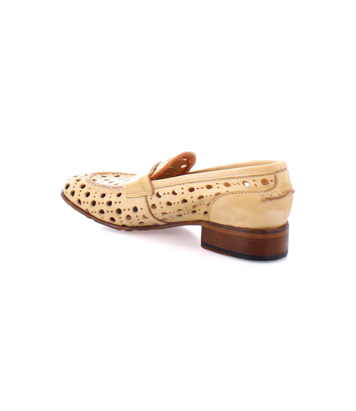 The Bed|Stü "Cornflower" is a beige leather women's loafer featuring a perforated design, low wooden heel, and rounded toe, handcrafted in Italy and displayed on a white background.