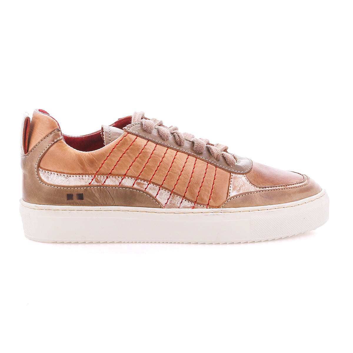 Cosmo by Bed|Stü is a tan and beige leather sneaker with a classic silhouette, red contrast stitching, white sole, and lace-up closure, pictured in side profile against a white background.
