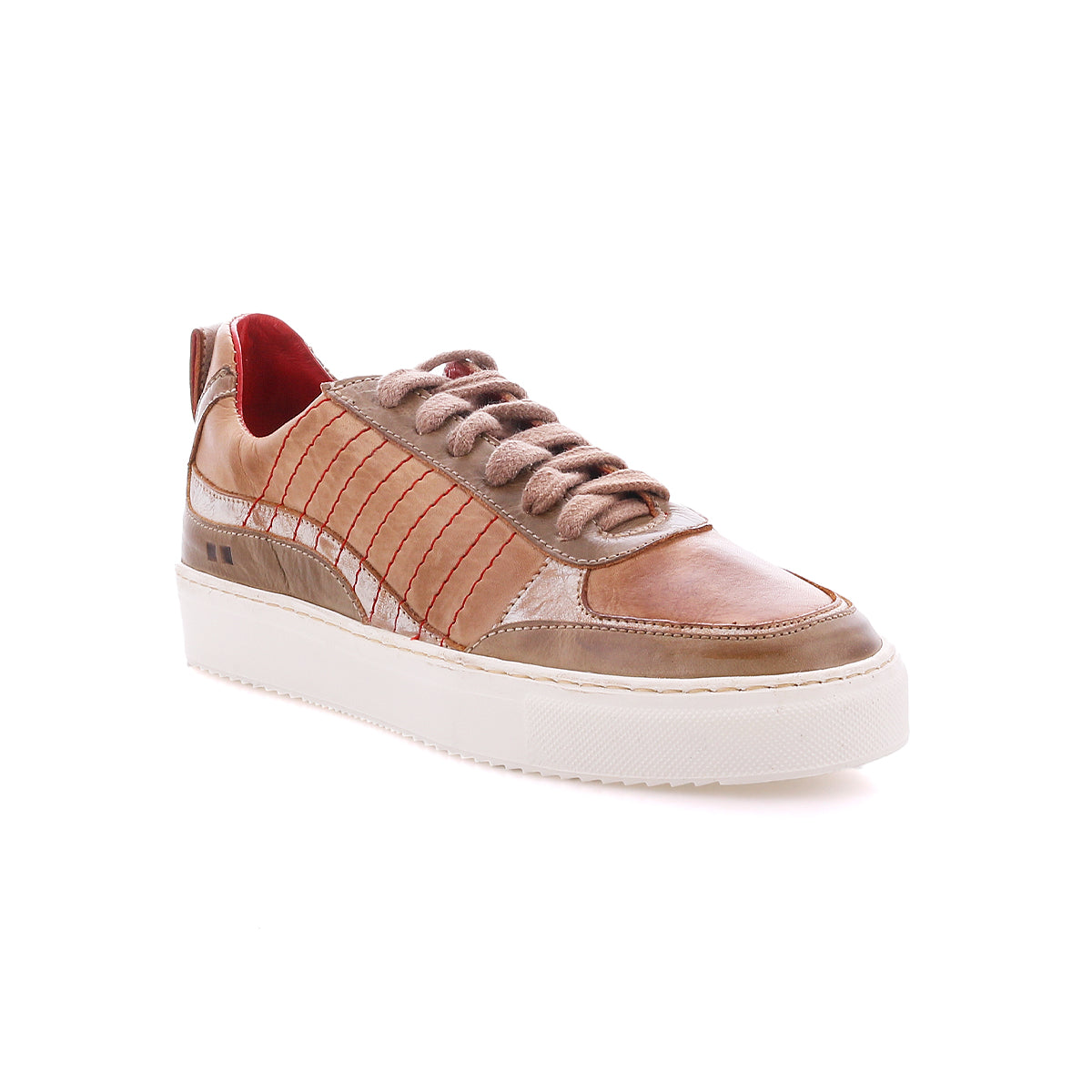 The Cosmo sneaker by Bed|Stü features brown leather with contrast stitching, red stitched details, beige suede accents, a white rubber sole, and brown laces, shown against a white background.